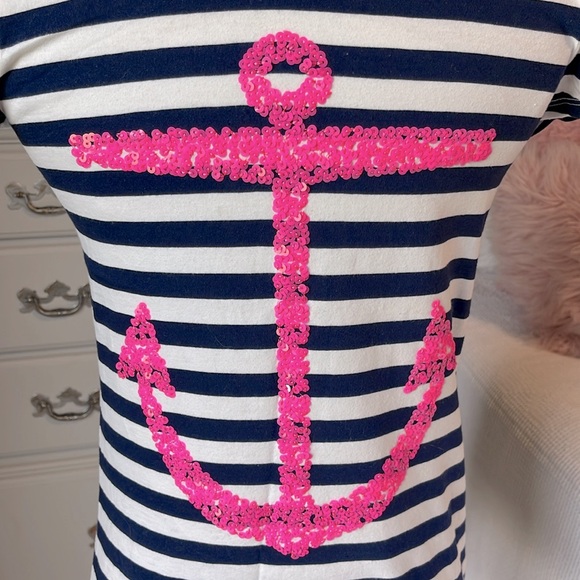Cotton Short Sleeve Top Blue White Striped Pink Sequin Anchor Girls XL - Picture 3 of 6